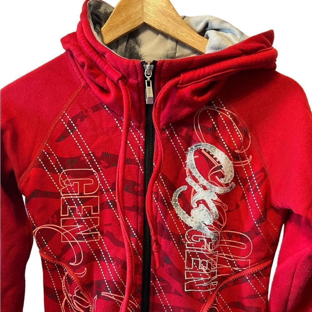 Red Embellished Graphic Print Zip Up Hooded Long Sleeve Casual Sweatshirt S - Picture 2 of 9